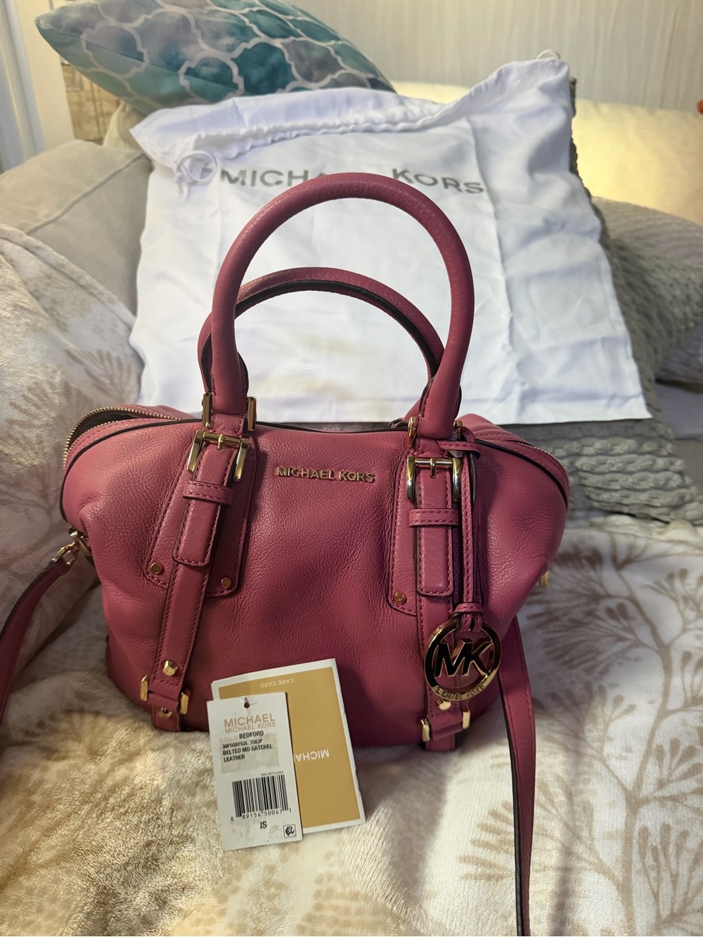 Michael Kors Rose Pink Leather Satchel with Gold Hardware